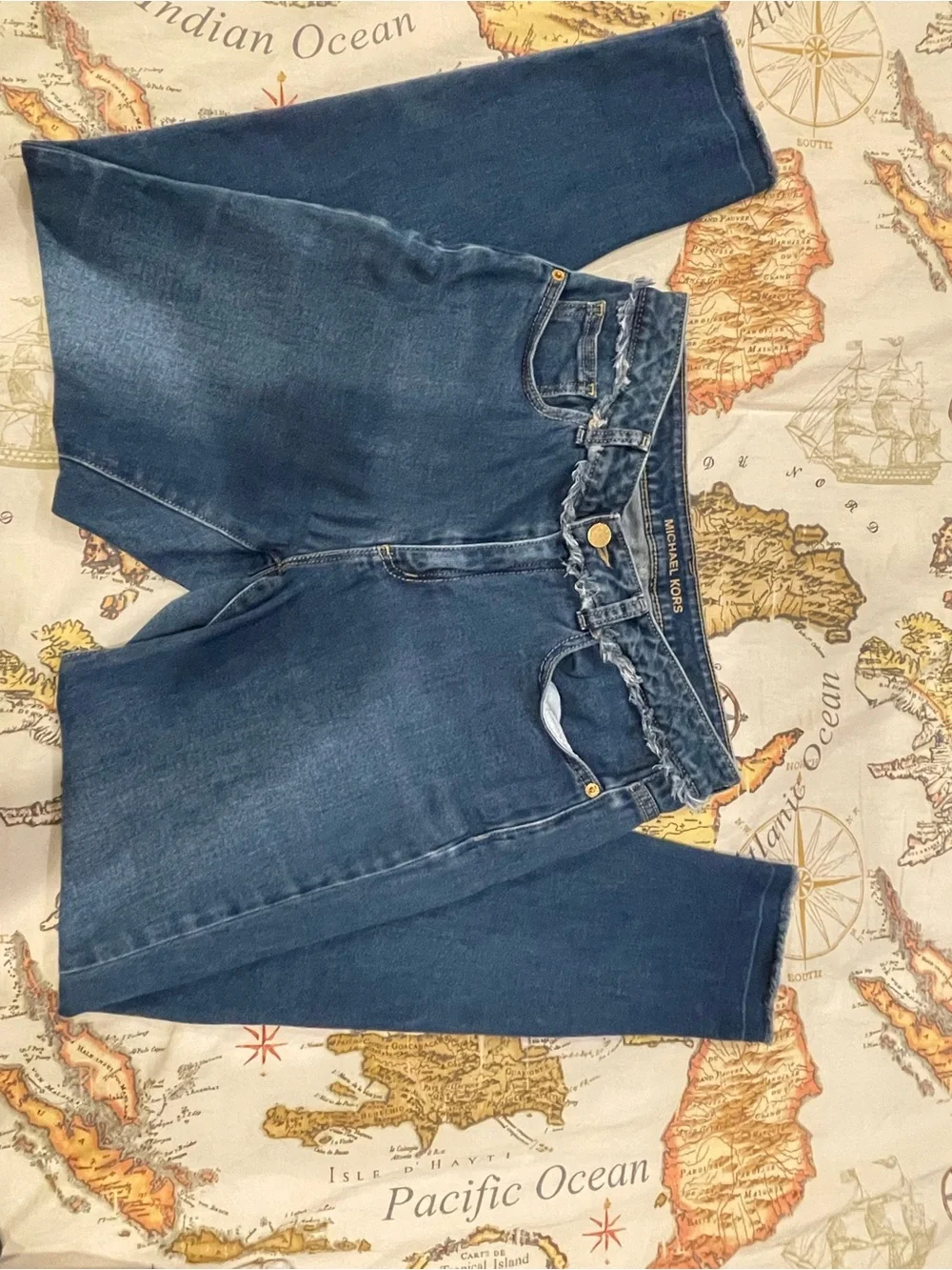 Michael Kors Selma Skinny Jeans Double Flipped Waist Frayed Raw Trim Dark Wash